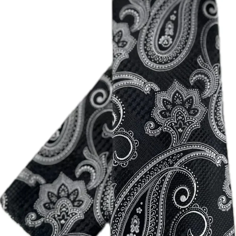 Stacy Adams Men's Tie & Hanky Set Black Silver Charcoal Grey Paisley 3.25